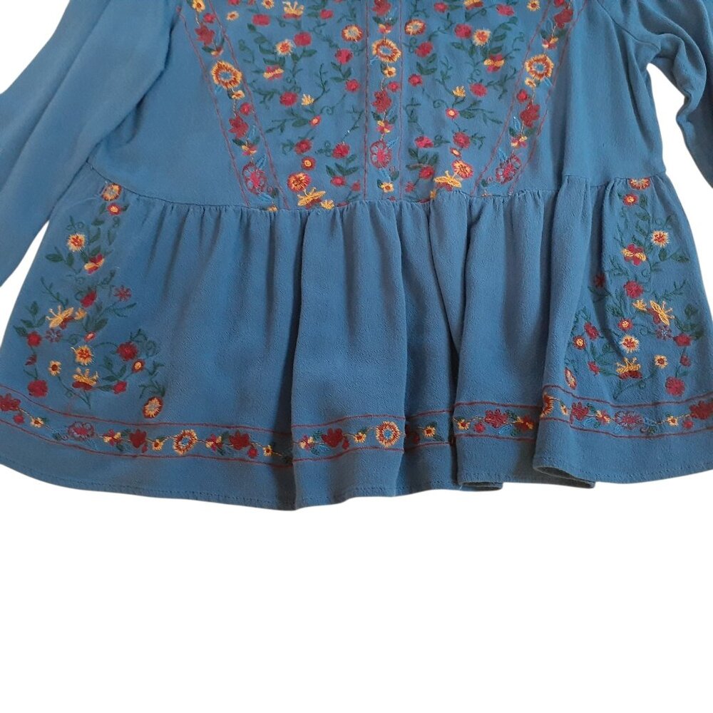 Altar'd State Boho Blouse Womens Royal Blue Floral Embroidered Long Sleeve Small - Picture 4 of 6